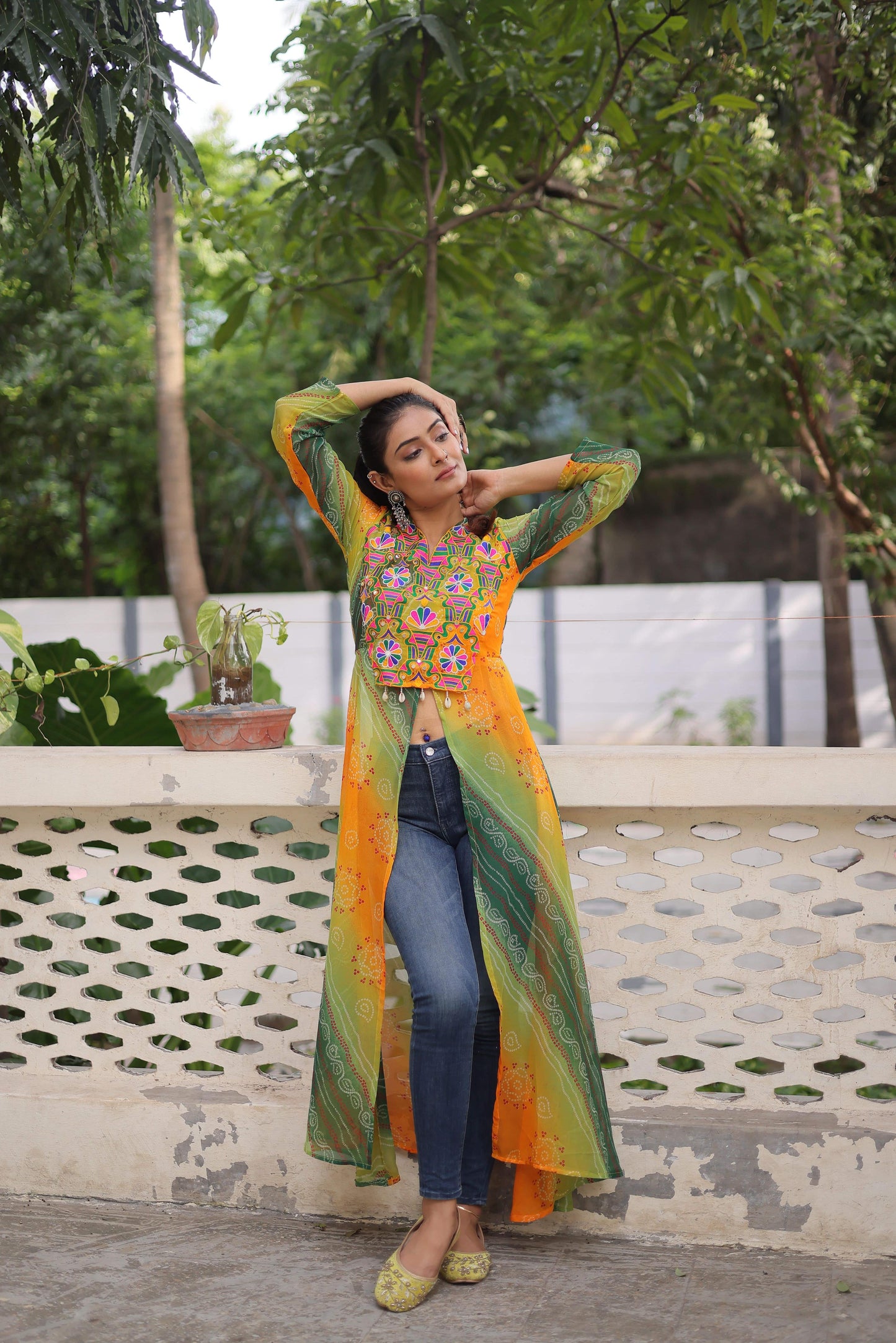 Green and Orange Faux Georgette Kurti