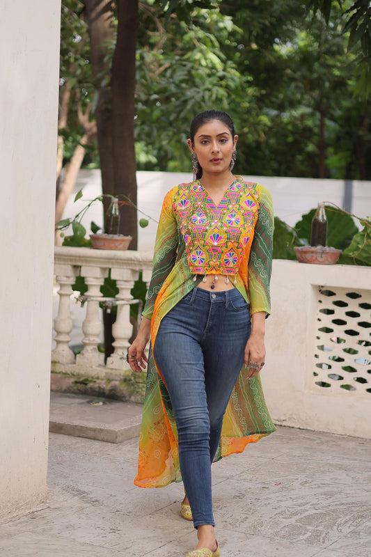 Green and Orange Faux Georgette Kurti