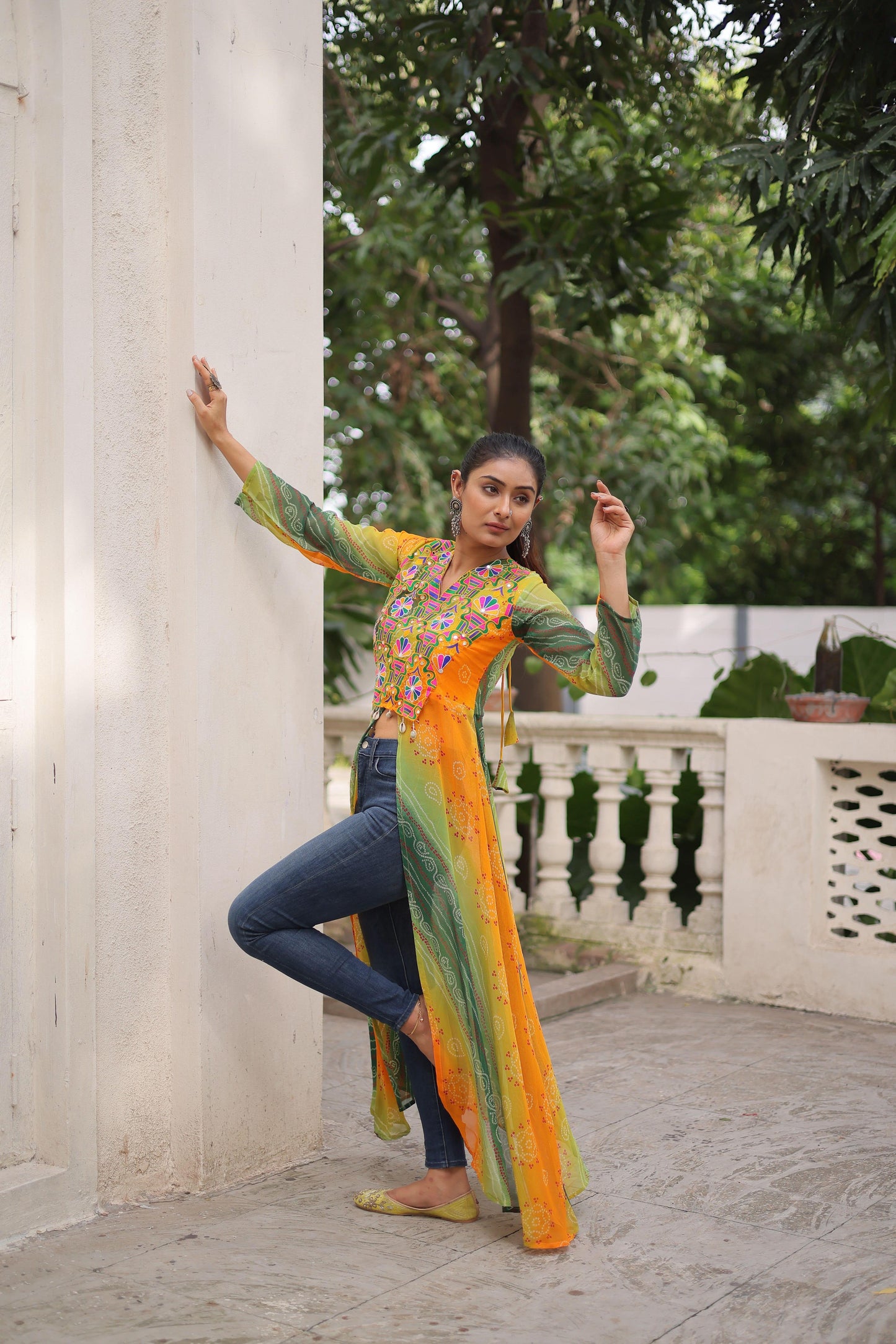 Green and Orange Faux Georgette Kurti