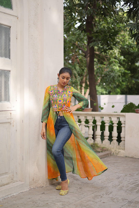 Green and Orange Faux Georgette Kurti
