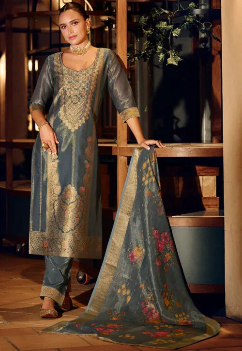 Woven Art Silk Jacquard Pakistani Suit in Pink