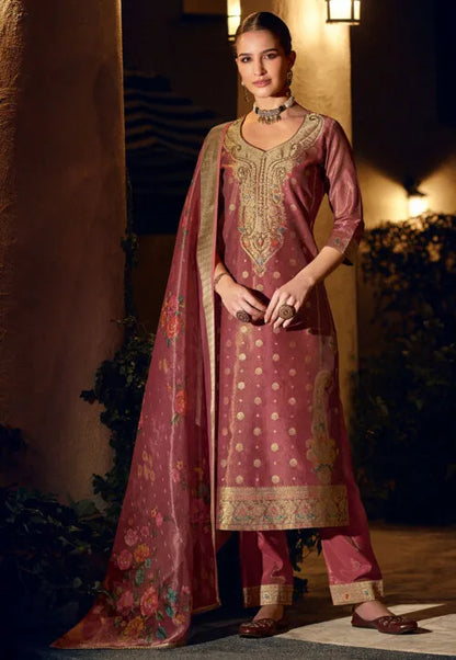 Woven Art Silk Jacquard Pakistani Suit in Pink
