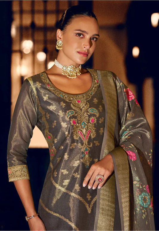 Woven Art Silk Jacquard Pakistani Suit in Grey