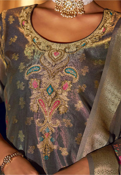 Woven Art Silk Jacquard Pakistani Suit in Grey