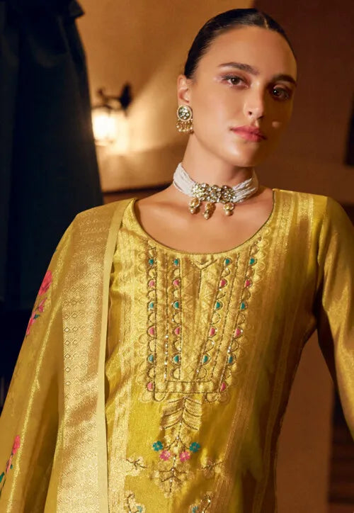 Woven Art Silk Jacquard Pakistani Suit in Yellow