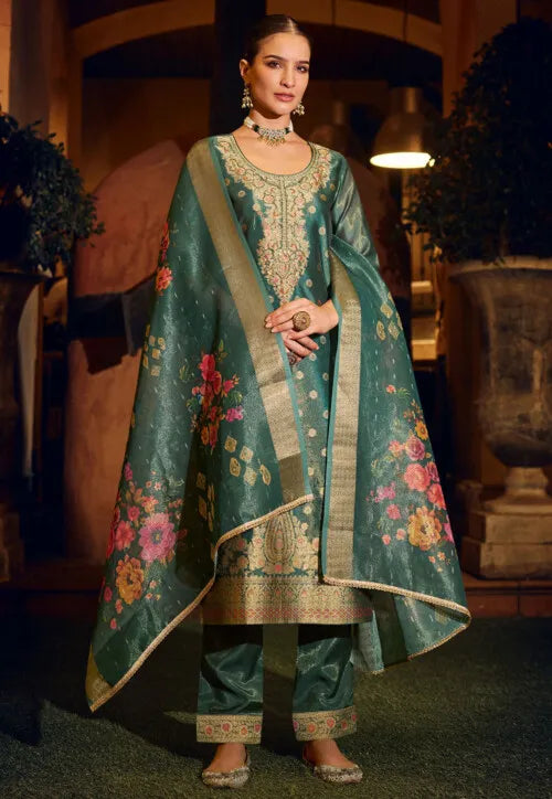 Woven Art Silk Jacquard Pakistani Suit in Teal Green