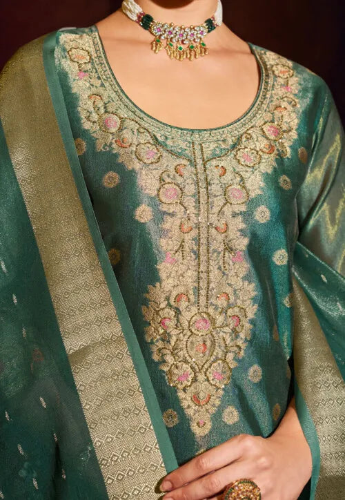 Woven Art Silk Jacquard Pakistani Suit in Teal Green