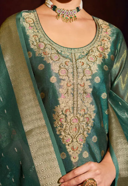 Woven Art Silk Jacquard Pakistani Suit in Teal Green