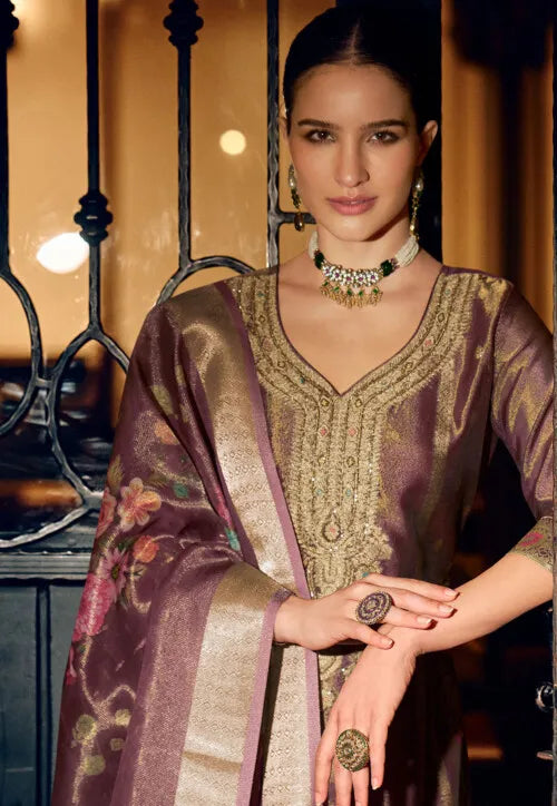 Woven Art Silk Jacquard Pakistani Suit in Purple