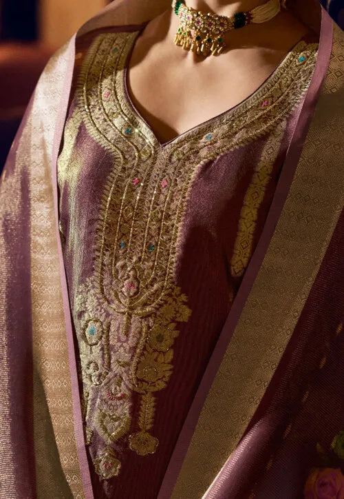 Woven Art Silk Jacquard Pakistani Suit in Purple